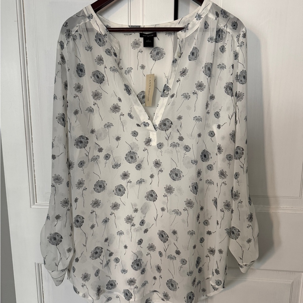 Ann Taylor Floral White and Gray Blouse